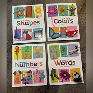 Children bilingual Spanish English learning books shapes, colors, words, numbers
